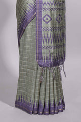 Pastel green Tussar saree with contrast border and contrast printed pallu with matching blouse