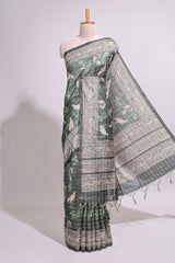 Forest green birds and floral design art tusser saree with contrast border and floral motifs blouse