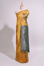 Borderless floral design mustard art tussar saree with contrast pallu and silver motifs blouse