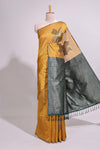 Borderless floral design mustard art tussar saree with contrast pallu and silver motifs blouse