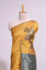 Borderless floral design mustard art tussar saree with contrast pallu and silver motifs blouse