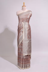 Grey & Rust Printed Tussar Silk Saree with contrast border and motifs printed blouse