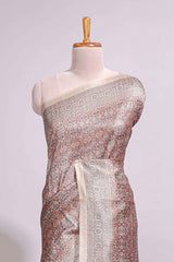 Grey & Rust Printed Tussar Silk Saree with contrast border and motifs printed blouse