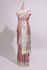 Rose Pink Printed Tussar Silk Saree with Contrast Zari Border and floral printed Blouse