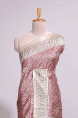 Rose Pink Printed Tussar Silk Saree with Contrast Zari Border and floral printed Blouse