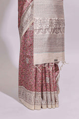 Rose Pink Printed Tussar Silk Saree with Contrast Zari Border and floral printed Blouse