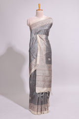 Grey Printed Tussar Silk Saree with Contrast Zari Border and floral printed Blouse