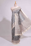 Grey Printed Tussar Silk Saree with Contrast Zari Border and floral printed Blouse