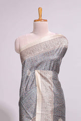Grey Printed Tussar Silk Saree with Contrast Zari Border and floral printed Blouse