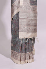 Grey Printed Tussar Silk Saree with Contrast Zari Border and floral printed Blouse