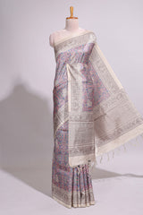 Multi color Printed Tussar Silk Saree with Contrast Zari Border and floral printed Blouse
