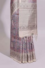 Multi color Printed Tussar Silk Saree with Contrast Zari Border and floral printed Blouse