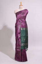 Borderless purple floral design art tusser saree with contrast pallu and floral motifs blouse