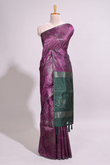 Borderless purple floral design art tusser saree with contrast pallu and floral motifs blouse