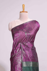 Borderless purple floral design art tusser saree with contrast pallu and floral motifs blouse
