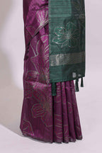 Borderless purple floral design art tusser saree with contrast pallu and floral motifs blouse