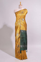 Borderless yellow floral design art tusser saree with contrast pallu and floral motifs blouse