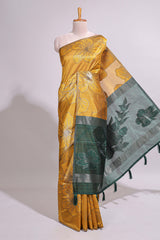 Borderless yellow floral design art tusser saree with contrast pallu and floral motifs blouse