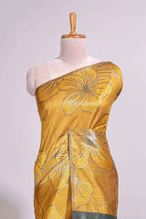 Borderless yellow floral design art tusser saree with contrast pallu and floral motifs blouse