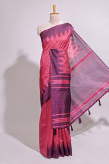 Deep pink textured floral motifs art tussar saree with contrast temple spire border and motifs blouse