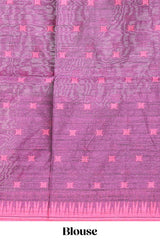 Deep pink textured floral motifs art tussar saree with contrast temple spire border and motifs blouse