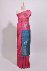 Borderless pink textured zari motifs art tussar saree with contrast floral design pallu and zari motifs blouse