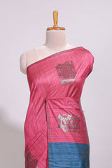 Borderless pink textured zari motifs art tussar saree with contrast floral design pallu and zari motifs blouse