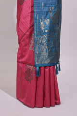 Borderless pink textured zari motifs art tussar saree with contrast floral design pallu and zari motifs blouse