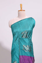 Borderless green textured zari motifs art tussar saree with contrast floral design pallu and zari motifs blouse
