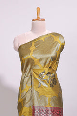 Borderless mustard floral zari motifs art tussar saree with contrast floral design pallu and zari motifs blouse