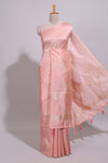 Borderless peach floral zari design art tussar saree with self floral design pallu and matching zari motifs blouse