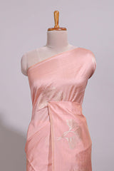 Borderless peach floral zari design art tussar saree with self floral design pallu and matching zari motifs blouse
