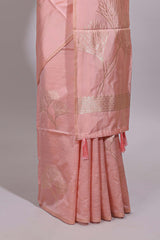 Borderless peach floral zari design art tussar saree with self floral design pallu and matching zari motifs blouse