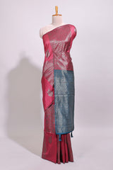 Borderless maroon floral zari design art tussar saree with contrast floral design pallu and zari motifs blouse