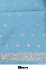 Borderless blue floral zari design art tussar saree with self floral design pallu and matching zari motifs blouse