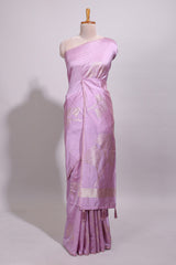 Borderless lavender floral zari design art tussar saree with self floral design pallu and matching zari motifs blouse