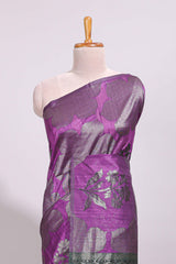 Borderless purple floral zari design art tussar saree with self floral design pallu and matching zari motifs blouse
