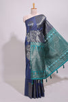Borderless blue floral zari design art tussar saree with self floral design pallu and matching zari motifs blouse