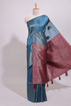 Borderless midnight blue floral zari design art tussar saree with self floral design pallu and matching zari motifs blouse