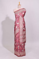 Onion pink striped floral & birds design art tussar saree with self border and matching motifs blouse