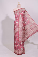 Onion pink striped floral & birds design art tussar saree with self border and matching motifs blouse