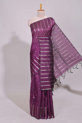Purple zari butta art tussar saree with self border matching striped blouse