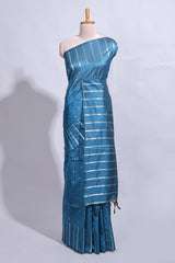 Blue zari butta art tussar saree with self border matching striped blouse