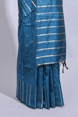 Blue zari butta art tussar saree with self border matching striped blouse