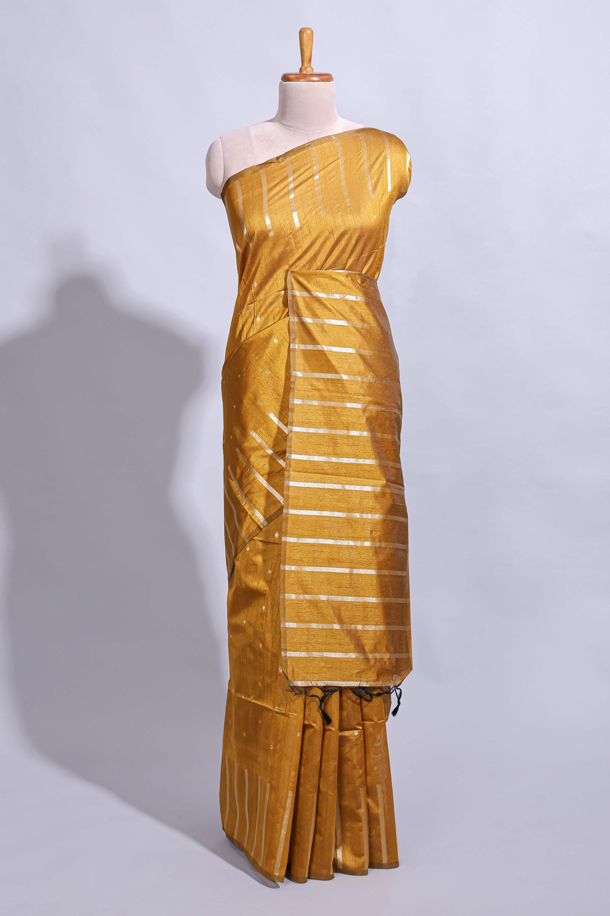 Mustard zari butta art tussar saree with self border matching striped blouse