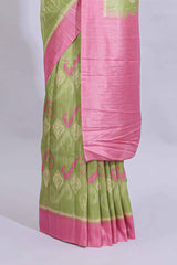 Green geometric design butta art tussar saree with contrast border and plain blouse