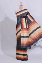 Black textured plain art tussar saree with contrast border and matching striped blouse