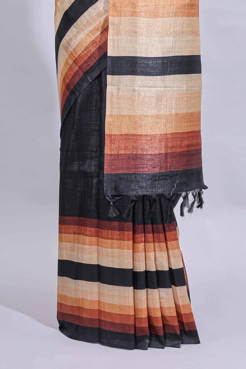 Black textured plain art tussar saree with contrast border and matching striped blouse