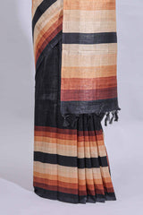 Black textured plain art tussar saree with contrast border and matching striped blouse