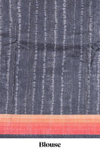 Black textured plain art tussar saree with contrast orange border and matching striped blouse